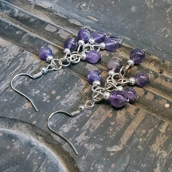 Amethyst Purple Gemstone Bead Dangle Silver Platinum Plated Earrings - Picture 6 of 10